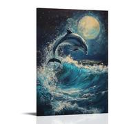 HKXXMTQMM Dipinto ad olio con animali, grazioso delfino che salta tra onde turchesi al chiaro di luna, paesaggio marino, arte contemporanea da appendere alla parete, design decorativo, 60 x 90 cm