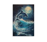 HKXXMTQMM Dipinto ad olio con animali, grazioso delfino che salta tra onde turchesi al chiaro di luna, paesaggio marino, arte contemporanea da appendere, decorazione murale, 40 x 60 cm