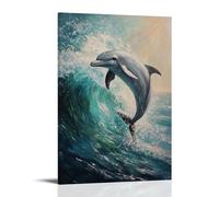 HKXXMTQMM Dipinto ad olio con animali, grazioso delfino che salta tra onde turchesi in scena oceanica illuminata dal sole, arte contemporanea da appendere alla parete, decorazione murale, 20 x 30 cm