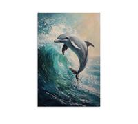 HKXXMTQMM Dipinto ad olio con animali, grazioso delfino che salta tra onde turchesi in scena oceanica illuminata dal sole, arte contemporanea da appendere alla parete, design decorativo, 30 x 45 cm
