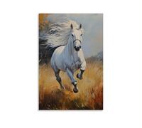 HKXXMTQMM Dipinto ad olio con animali, grazioso stallone bianco al galoppo attraverso il prato nebbioso del mattino, arte contemporanea da appendere alla parete, design decorativo, 60 x 90 cm