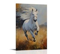 HKXXMTQMM Dipinto ad olio con animali, grazioso stallone bianco al galoppo attraverso il prato nebbioso del mattino, arte contemporanea da appendere alla parete, design decorativo, 40 x 60 cm