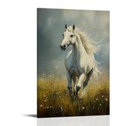HKXXMTQMM Dipinto ad olio con animali, grazioso stallone bianco al galoppo attraverso il prato nebbioso del mattino, arte contemporanea da appendere alla parete, design decorativo, 20 x 30 cm