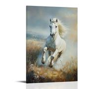 HKXXMTQMM Dipinto ad olio con animali - grazioso stallone bianco galoppo su un prato nebbioso all'alba arte contemporanea da appendere alla parete - decorazione murale design 50 x 75 cm