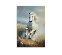 HKXXMTQMM Dipinto ad olio con animali - grazioso stallone bianco galoppo su un prato nebbioso all'alba arte contemporanea da appendere alla parete - decorazione murale, 40 x 60 cm