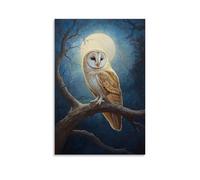 HKXXMTQMM Dipinto ad olio con animali, gufo saggio appollaiato su un ramo di quercia al chiaro di luna nella foresta mistica, decorazione artistica da parete, design decorativo, 30 x 45 cm