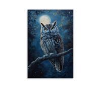 HKXXMTQMM Dipinto ad olio con animali, gufo saggio appollaiato su un ramo illuminato dalla luna con piume che brillano alla luce notturna, arte contemporanea da appendere alla parete, design
