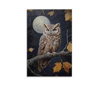 HKXXMTQMM Dipinto ad olio con animali, gufo saggio appollaiato su un ramo illuminato dalla luna con piume che brillano alla luce notturna, arte contemporanea da appendere alla parete, decorazione