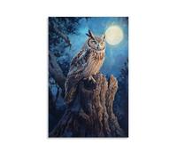 HKXXMTQMM Dipinto ad olio con animali - Gufo vecchio saggio al chiaro di luna - Un misterioso guardiano notturno appollaiato su quercia antica arte da appendere alla parete - Decorazione murale design
