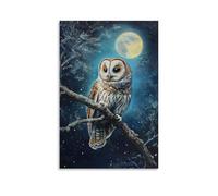HKXXMTQMM Dipinto ad olio con animali - Gufo vecchio saggio appollaiato su ramo illuminato dalla luna con sfondo stellato, arte contemporanea da appendere alla parete, design decorativo, 50 x 75 cm