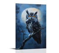 HKXXMTQMM Dipinto ad olio con animali - Gufo vecchio saggio appollaiato su ramo illuminato dalla luna con occhi ambrati luminosi, arte contemporanea da appendere - decorazione murale design 50 x 75 cm