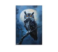 HKXXMTQMM Dipinto ad olio con animali - Gufo vecchio saggio appollaiato su ramo illuminato dalla luna con occhi ambrati luminosi, arte contemporanea da appendere - decorazione murale design 50 x 75 cm