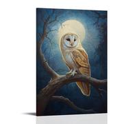 HKXXMTQMM Dipinto ad olio con animali - gufo vecchio saggio appollaiato su un ramo di quercia al chiaro di luna nella foresta mistica contemporanea da appendere - decorazione murale design 50 x 75 cm