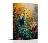 HKXXMTQMM Dipinto ad olio con animali- Pavone colorato che mostra piume vivaci in giardino illuminato dal sole, arte contemporanea da appendere alla parete, design decorativo da parete, 50 x 75 cm