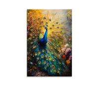 HKXXMTQMM Dipinto ad olio con animali- Pavone colorato che mostra piume vivaci in giardino illuminato dal sole, arte contemporanea da appendere alla parete, design decorativo, 20 x 30 cm