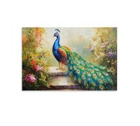 HKXXMTQMM Dipinto ad olio con animali, pavone colorato che mostra piume vivaci in giardino reale, arte contemporanea da appendere alla parete, design decorativo, 40 x 60 cm
