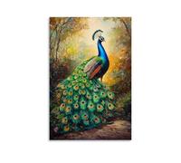 HKXXMTQMM Dipinto ad olio con animali - Pavone colorato che mostra piume vivaci in un giardino illuminato dal sole, arte contemporanea da appendere alla parete, design decorativo, 50 x 75 cm