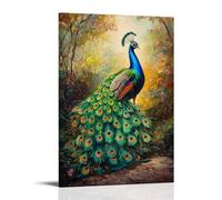 HKXXMTQMM Dipinto ad olio con animali - Pavone colorato che mostra piume vivaci in un giardino illuminato dal sole, arte contemporanea da appendere alla parete, design decorativo, 50 x 75 cm