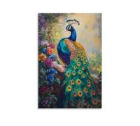 HKXXMTQMM Dipinto ad olio con animali, pavone colorato che mostra piume vivaci in un giardino lussureggiante, arte contemporanea da appendere alla parete, design decorativo da parete, 50 x 75 cm