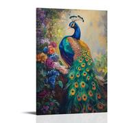HKXXMTQMM Dipinto ad olio con animali, pavone colorato che mostra piume vivaci in un giardino lussureggiante, arte contemporanea da appendere alla parete, design decorativo da parete, 50 x 75 cm