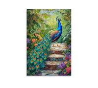 HKXXMTQMM Dipinto ad olio con animali, pavone colorato che mostra piume vivaci in un giardino lussureggiante, arte contemporanea da appendere alla parete, design decorativo, 60 x 90 cm