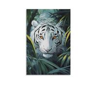HKXXMTQMM Dipinto ad olio con animali, tigre bianca regale che pedala attraverso il lussureggiante fogliame della giungla con occhi ambrati, decorazione artistica da parete, design decorativo, 50 x 75