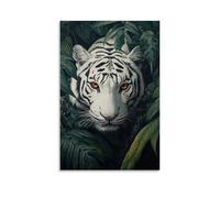 HKXXMTQMM Dipinto ad olio con animali, tigre bianca regale che pedala attraverso il lussureggiante fogliame della giungla con occhi ambrati, decorazione artistica da parete, design decorativo, 50 x 75