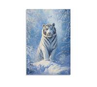 HKXXMTQMM Dipinto ad olio con animali - Tigre bianca regale in piedi nella nevicata con paesaggio invernale blu ghiaccio contemporanea da appendere - decorazione murale 40 x 60 cm