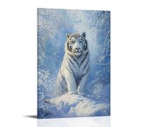 HKXXMTQMM Dipinto ad olio con animali - Tigre bianca regale in piedi nella nevicata con paesaggio invernale blu ghiaccio contemporanea da appendere - decorazione murale design 50 x 75 cm