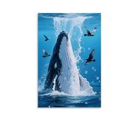 HKXXMTQMM Poster con animali, con colonna d'acqua spruzzata da una balena, ci sono uccelli in volo, arte contemporanea da appendere alla parete, design decorativo, 50 x 75 cm