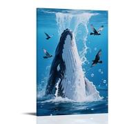 HKXXMTQMM Poster con animali, con colonna d'acqua spruzzata da una balena, ci sono uccelli in volo, arte contemporanea da appendere alla parete, design decorativo, 50 x 75 cm