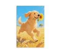 HKXXMTQMM Poster con animali, un Golden Retriever corre in un campo di grano con un girasole in bocca, luce solare su tutto il corpo, arte contemporanea da appendere alla parete, design decorativo, 30