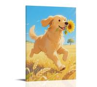 HKXXMTQMM Poster con animali, un Golden Retriever corre in un campo di grano con un girasole in bocca, luce solare su tutto il corpo, arte contemporanea da appendere alla parete, design decorativo, 60