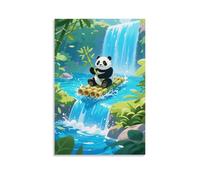 HKXXMTQMM Poster con animali, un panda seduto su una zattera di bambù alla deriva verso una cascata, tiene bambù e spruzzi d'acqua, arte da appendere alla parete, design decorativo, 40 x 60 cm