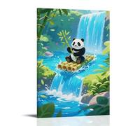 HKXXMTQMM Poster con animali, un panda seduto su una zattera di bambù alla deriva verso una cascata, tiene bambù e spruzzi d'acqua, decorazione artistica da parete, design decorativo, 50 x 75 cm