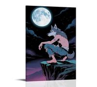 HKXXMTQMM Poster con animali, un ragazzo lupo che si accovaccia su una scogliera, guarda indietro sotto la luna, occhi selvaggi, arte contemporanea da appendere alla parete, design decorativo, 50 x 75