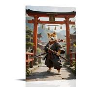HKXXMTQMM Shiba Inu antropomorfo in abiti samurai, con una lunga spada sul ponte, vento che soffia la sciarpa, arte contemporanea da appendere alla parete, design decorativo, 50 x 75 cm