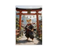 HKXXMTQMM Shiba Inu antropomorfo in abiti samurai, con una lunga spada sul ponte, vento che soffia la sciarpa, arte contemporanea da appendere alla parete, design decorativo, 50 x 75 cm
