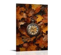 HKXXMTQMM Un antico orologio da tasca semisepolto tra foglie autunnali, passaggio del tempo reso in oli ricchi e stratificati. Arte da parete contemporanea da appendere - Design murale decorativo 40 x