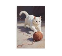 HKXXMTQMM Un gatto bianco insegue il filato, rotolando in una palla, arte contemporanea da appendere alla parete, design decorativo da parete, 60 x 90 cm