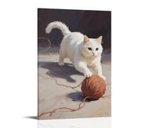 HKXXMTQMM Un gatto bianco insegue il filato, rotolando in una palla, arte contemporanea da appendere alla parete, design decorativo da parete, 50 x 75 cm