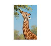HKXXMTQMM Una giraffa allunga il collo, raggiungendo le foglie arte contemporanea da appendere - Design murale decorativo 30 x 45 cm