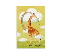 HKXXMTQMM Una giraffa che mangia foglie tra le nuvole, collo avvolto intorno a un arcobaleno, con nuvole che rotolano sotto gli zoccoli, decorazione murale design contemporaneo, 20 x 30 cm