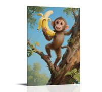 HKXXMTQMM Una piccola scimmia strappa una banana, arrampicata sulla cima degli alberi, arte contemporanea da appendere - decorazione murale design 50 x 75 cm