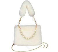 HKYBCF Borsa tote soffice Fluffy Crossbody Bag Winter For Women Square Shoulder With Chain Strap Pearl Handle Small Purse(Beige)