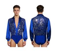 HKYBCF Top latino da uomo Men Disco Latin Gymnastic Ballet Dance Bodysuit Skating Long Sleeves Buttons Crotch Performance Leotard(Dark Blue,S)