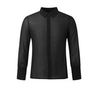 HKYBCF Top latino da uomo Men's Latin Dance Top Black Thin Breathable Casual Sexy V-neck Long Sleeves Turn-down Collar Single-Breasted Shirt(2XL)