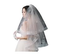 HKYBCF Velo da sposa Velo da sposa corto a due strati con brillantini, nastri di perle e pettine in rete che copre il viso