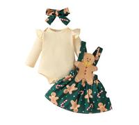 HKYFNNBW - Completo natalizio per bambine, body a maniche lunghe con vestito con bretelle decorato con omino di pan di zenzero e Babbo Natale e fascia per capelli, Verde, 12-18 Months