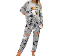 HKYFNNBW Halloween Donne Pigiama Set Fantasma Zucca Stampa Manica Lunga Top Con Elastico In Vita Pantaloni Lunghi Sleepwear Loungewear, Grigio A, S